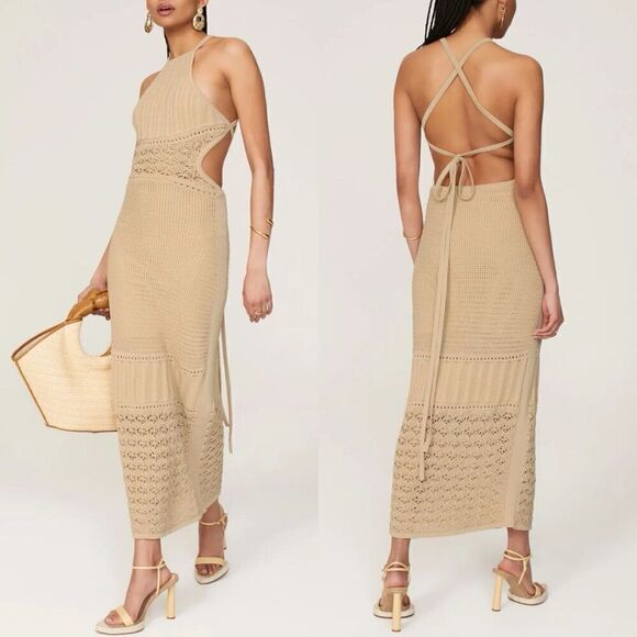 Significant Other Dresses & Skirts - SIGNIFICANT OTHER Abby Dress Women 10 Crochet Maxi Cross Open Back Tan
